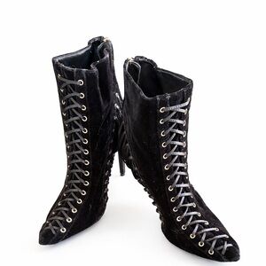 Jennifer Lopez Black Velvet Lace-Up Boots